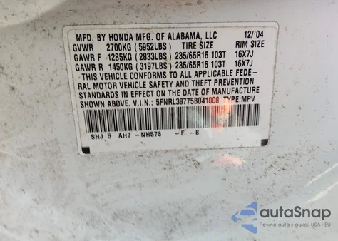 2005 Honda Odyssey Ex-L z USA, uszkodzony, nr VIN 5FNRL38775B041008